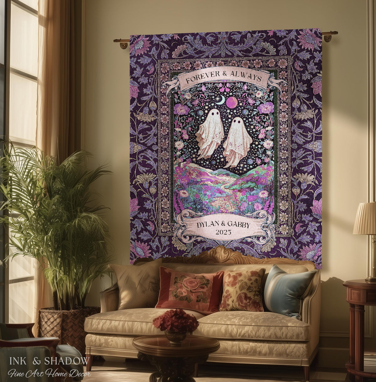 Lunar Garden Ghost Couple Tapestry | Forever And Always Custom Names And Year Gothic Floral Dating Anniversary Gift Celestial Throw Blanket