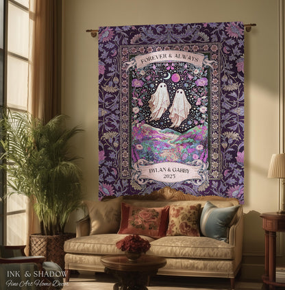 Lunar Garden Ghost Couple Tapestry | Forever And Always Custom Names And Year Gothic Floral Dating Anniversary Gift Celestial Throw Blanket