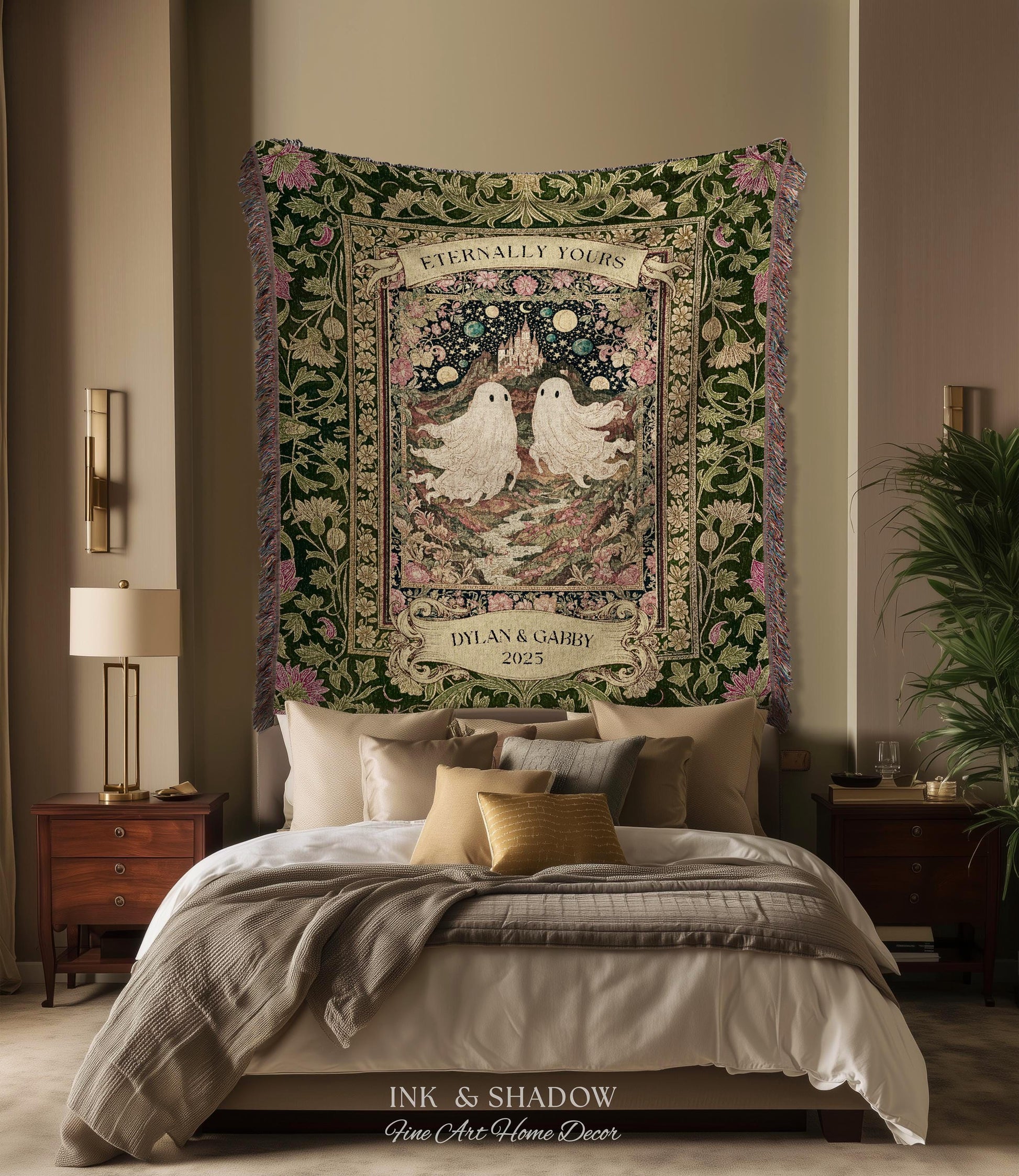 Whimsical Ghost Soulmates Custom Couple Tapestry Woven Wall Art Wedding Gift | Romantic Castlecore Eternally Yours Personalized Anniversary