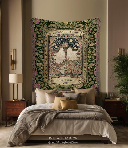 Whimsical Ghost Soulmates Custom Couple Tapestry Woven Wall Art Wedding Gift | Romantic Castlecore Eternally Yours Personalized Anniversary