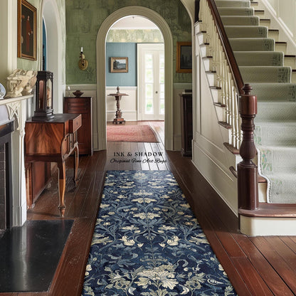 May include: A hallway runner rug with a dark blue background and a floral pattern in cream and light blue. The rug is placed on a dark wood floor, with the text "INK & SHADOW Original Fine Art Rugs" visible.