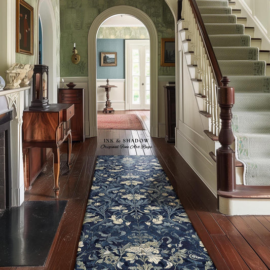 May include: A hallway runner rug with a dark blue background and a floral pattern in cream and light blue. The rug is placed on a dark wood floor, with the text "INK & SHADOW Original Fine Art Rugs" visible.