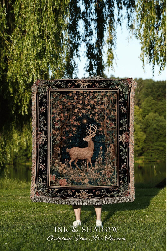 Forest Spirit Mystic Deer Blanket Woven | Cottagecore Room Decor William Morris Inspired Forest Aesthetic Fairycore Tapestry Ethereal Deer