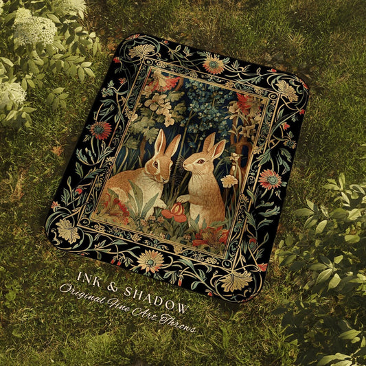 May include: A rectangular throw blanket featuring a detailed illustration of two rabbits in a forest setting. The artwork is framed by a black border with floral and vine motifs. The blanket has the text "INK & SHADOW Original Fine Art Throws".