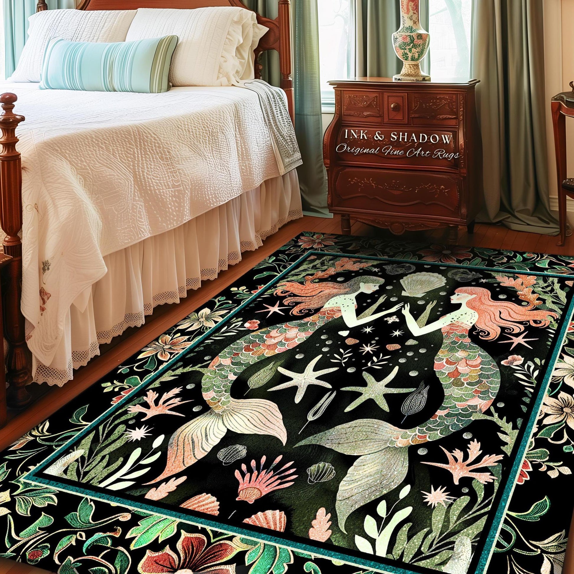Art Nouveau Mermaid Rug Whimsical Coastal Cottagecore Folklore Aesthetic, Vintage Seafoam Green Enchanted Ocean Underwater Sea Maiden Scene