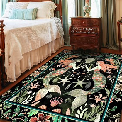 Art Nouveau Mermaid Rug Whimsical Coastal Cottagecore Folklore Aesthetic, Vintage Seafoam Green Enchanted Ocean Underwater Sea Maiden Scene