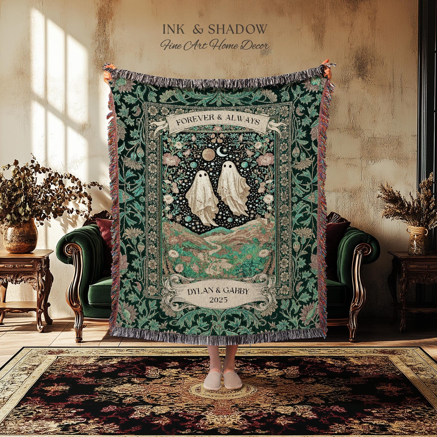 Celestial Ghost Lovers Woven Throw Personalized Couple Tapestry Forever & Always Starlit Courtship Teal Dreamscape Anniversary Heirloom Gift