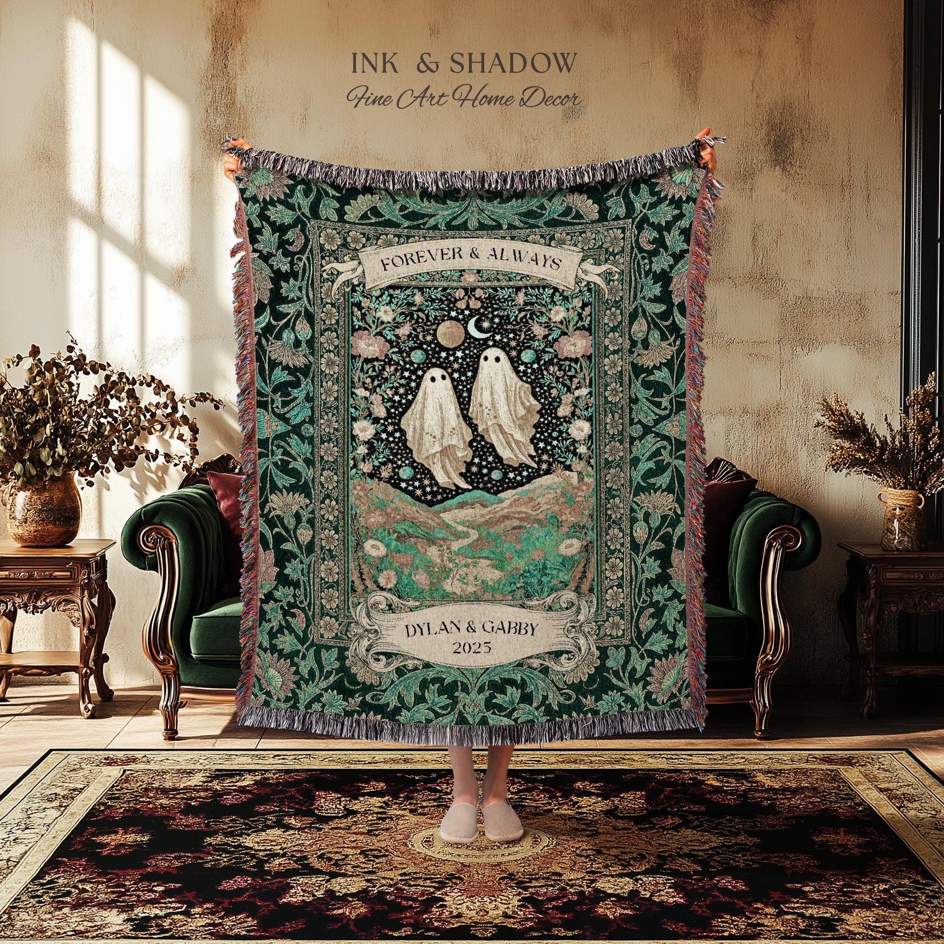 Celestial Ghost Lovers Woven Throw Personalized Couple Tapestry Forever & Always Starlit Courtship Teal Dreamscape Anniversary Heirloom Gift
