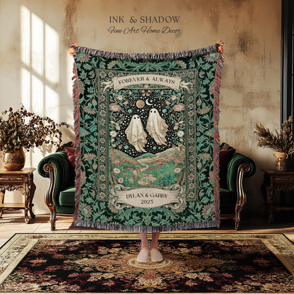 Celestial Ghost Lovers Woven Throw Personalized Couple Tapestry Forever & Always Starlit Courtship Teal Dreamscape Anniversary Heirloom Gift