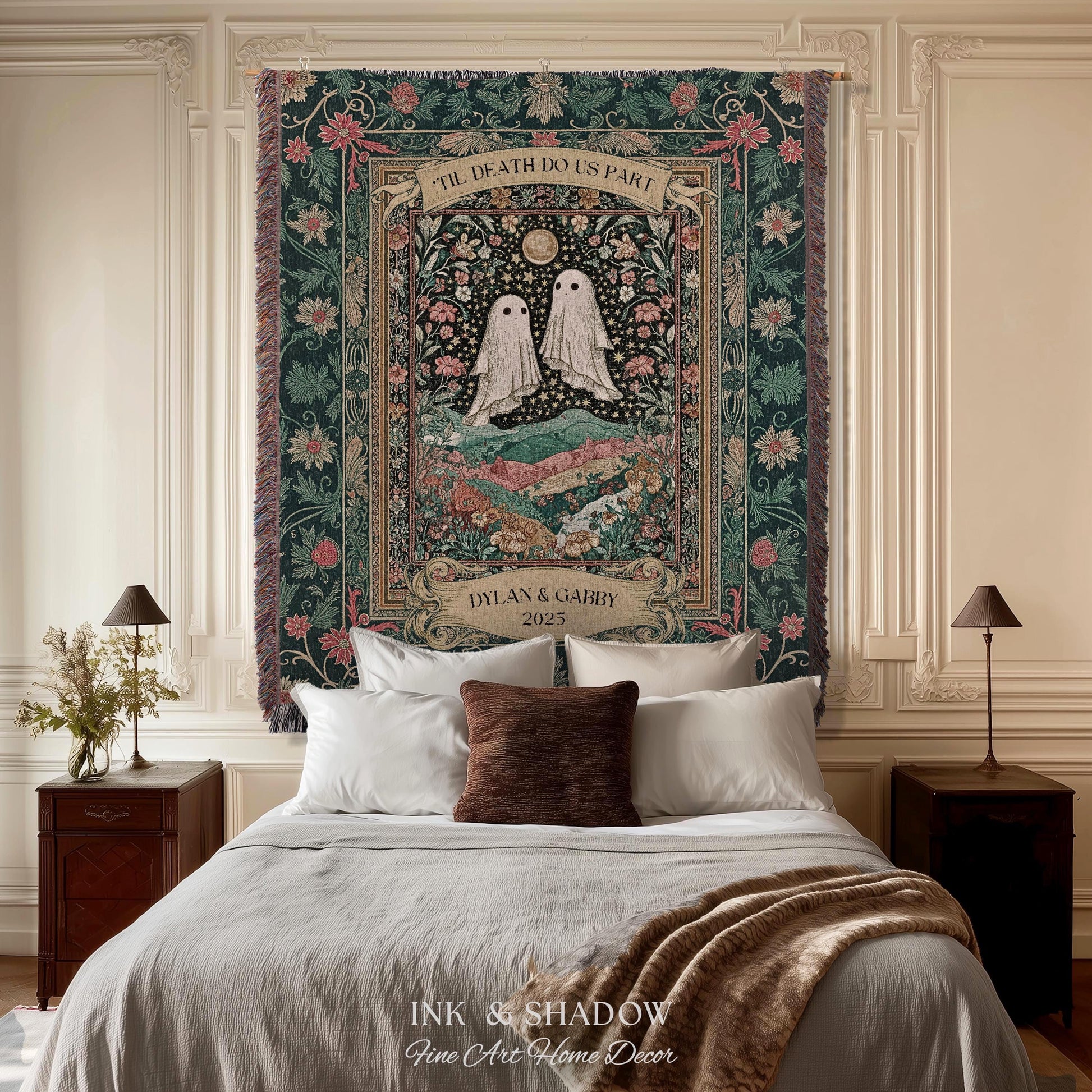 Personalized Ghost Wedding Tapestry | Gothic Halloween Tapestry Til Death Do Us Part Anniversary Gift Floral Woven Throw Witchy Whimsical