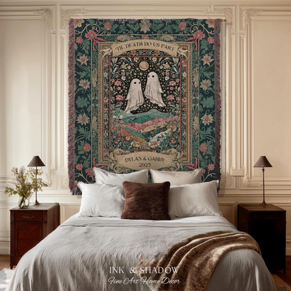 Personalized Ghost Wedding Tapestry | Gothic Halloween Tapestry Til Death Do Us Part Anniversary Gift Floral Woven Throw Witchy Whimsical