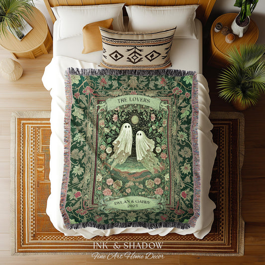The Lovers Ghost Couple Floral Folklore Woven Throw Blanket Personalized Anniversary Keepsake, Enchanted Botanical Moonlit Cozy Cute Wedding