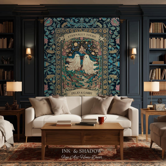 Haunted Castle Ghost Couple Custom | Woven Throw Blanket Eternally Yours Wedding Anniversary Gift Gothic Floral Tapestry Decor Personalized