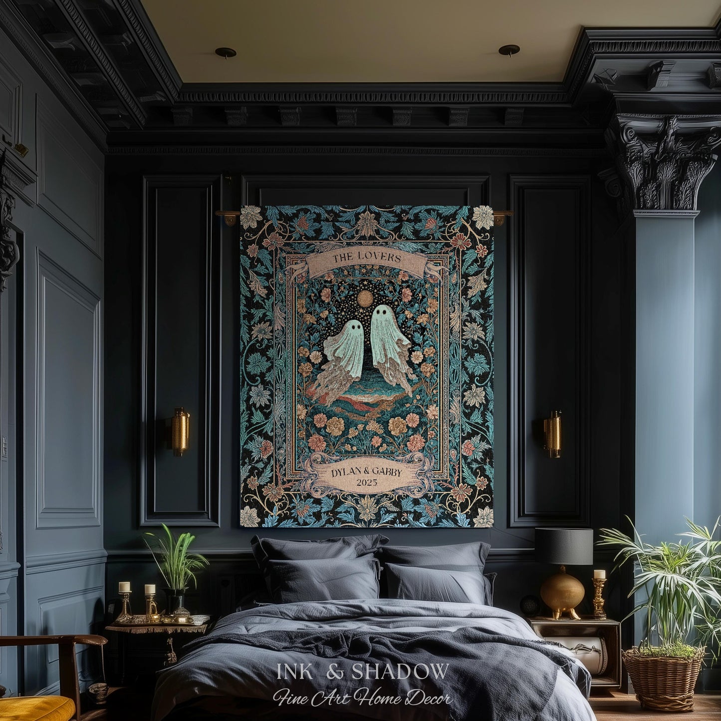 The Ghost Lovers Couple Tapestry | Woven Throw Blanket Gothic Dating Anniversary Gift Personalized Spooky Tapestry Decor Romantic Wall Art