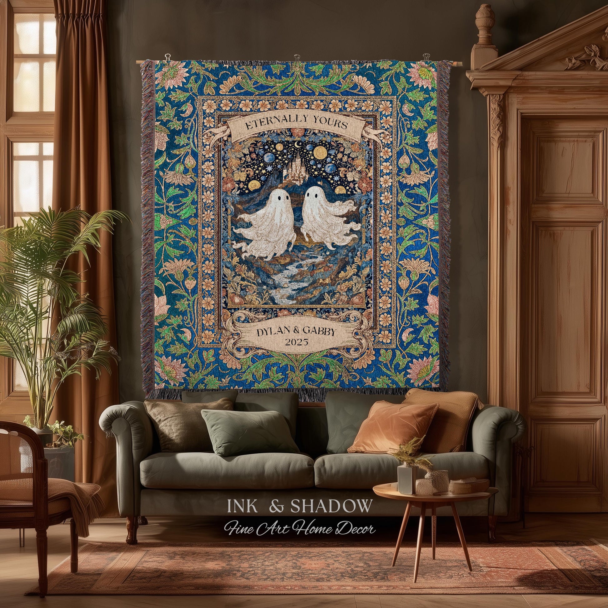 Eternally Yours Ghost Couple Woven Tapestry | Custom Names And Year Celestial Castle Gothic Floral Wedding Anniversary Gift Romantic Haunted