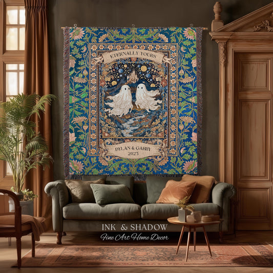 Eternally Yours Ghost Couple Woven Tapestry | Custom Names And Year Celestial Castle Gothic Floral Wedding Anniversary Gift Romantic Haunted