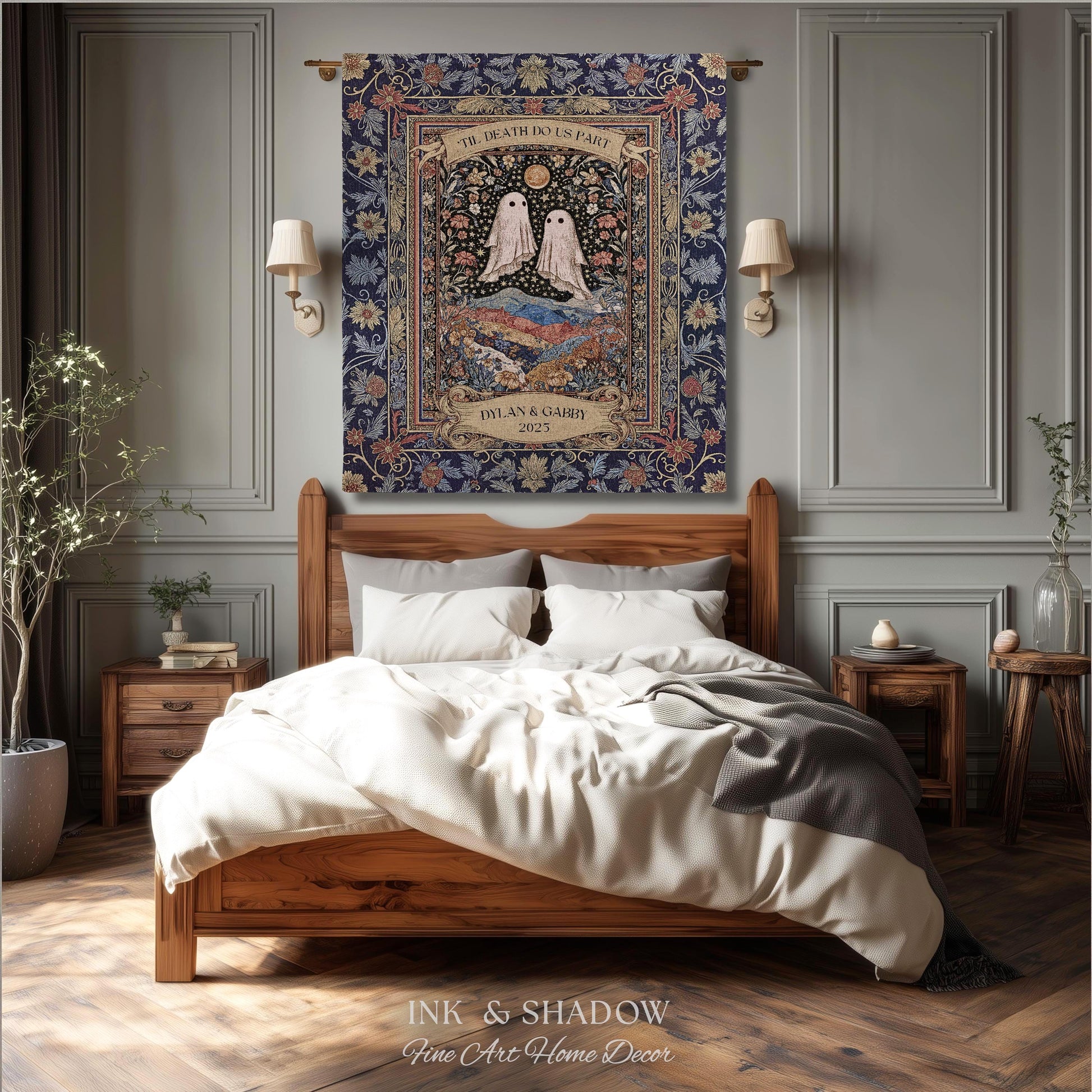 Memento Mori Ghost Tapestry Personalized | Custom Names Floral Gothic Vow Anniversary Newly Wed Gift For Haunted Home Decor Mr and Mrs Throw