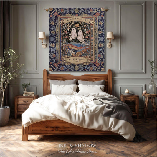 Memento Mori Ghost Tapestry Personalized | Custom Names Floral Gothic Vow Anniversary Newly Wed Gift For Haunted Home Decor Mr and Mrs Throw