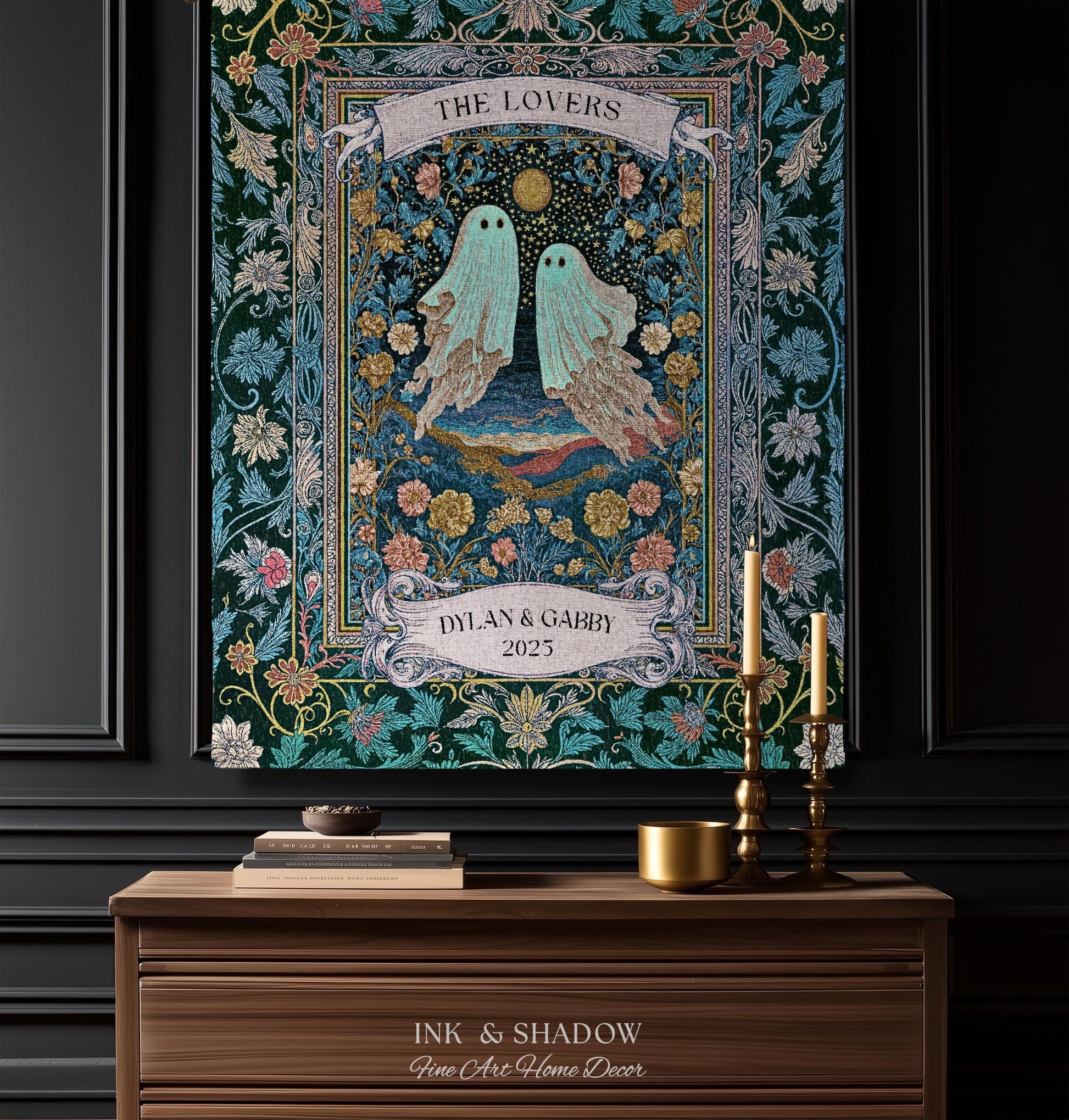 Woven Ghost Lovers Couple Wall Tapestry | Moonlit Wildflower Gothic Wedding Anniversary Gift Tarot Inspired Personalized Names And Year