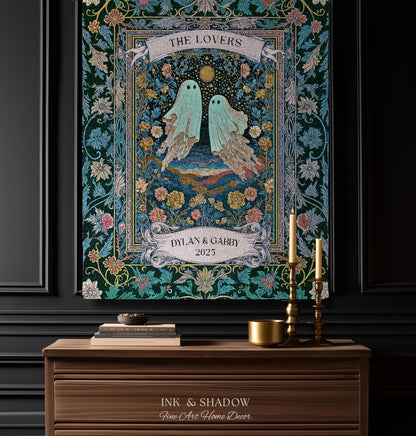 Woven Ghost Lovers Couple Wall Tapestry | Moonlit Wildflower Gothic Wedding Anniversary Gift Tarot Inspired Personalized Names And Year
