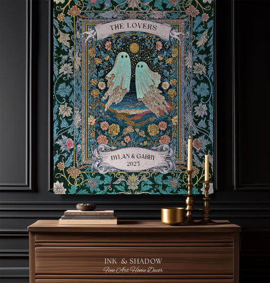 Woven Ghost Lovers Couple Wall Tapestry | Moonlit Wildflower Gothic Wedding Anniversary Gift Tarot Inspired Personalized Names And Year