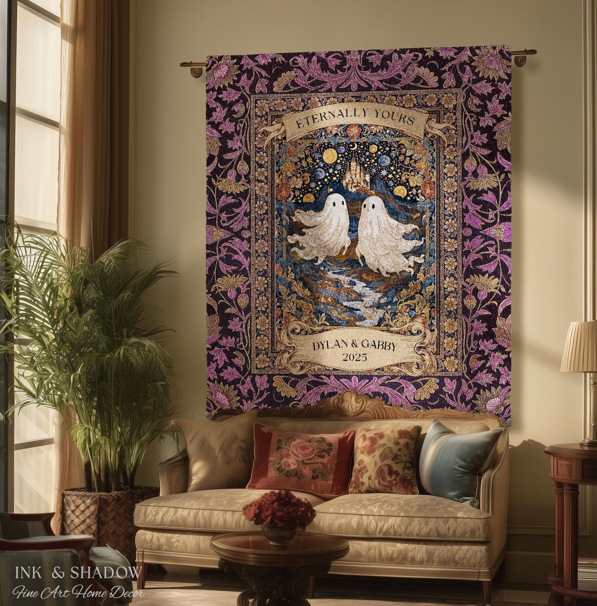 Purple Floral Ghost Couple Woven Wall Art | Haunted Castle Custom Names Throw Blanket Gothic Cotton Anniversary Gift Celestial Tapestry