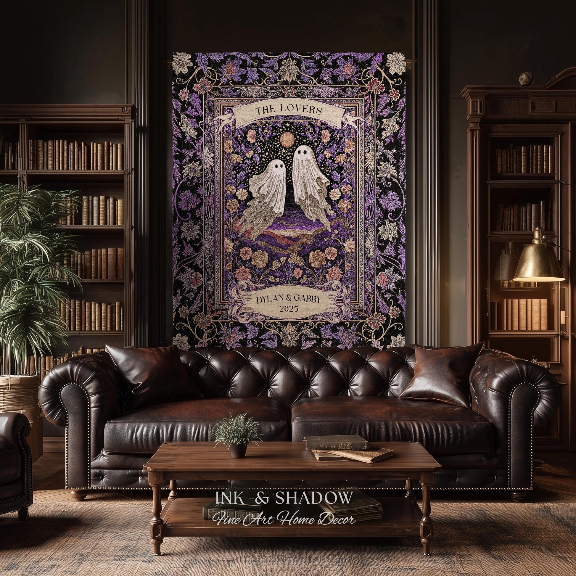 Tarot Ghost Couple Woven Wall Tapestry | The Lovers Custom Names And Year Purple Floral Gothic Cotton Wedding Anniversary Gift Throw Blanket