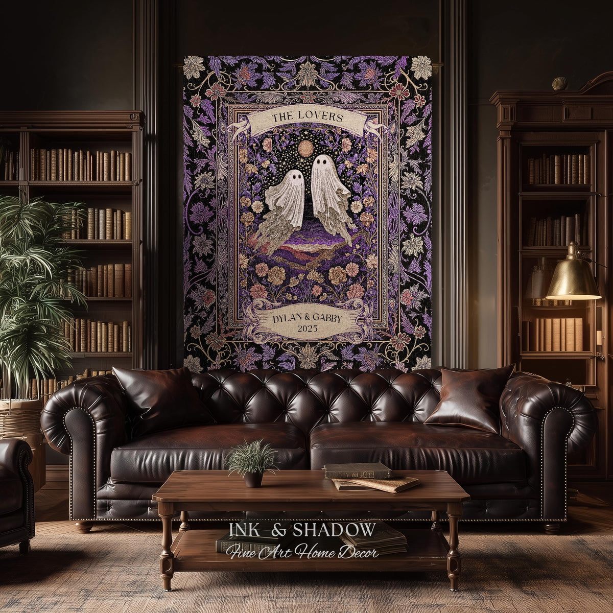 Tarot Ghost Couple Woven Wall Tapestry | The Lovers Custom Names And Year Purple Floral Gothic Cotton Wedding Anniversary Gift Throw Blanket