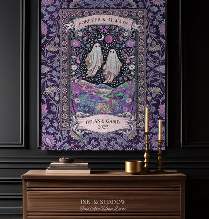 Lunar Garden Ghost Couple Tapestry | Forever And Always Custom Names And Year Gothic Floral Dating Anniversary Gift Celestial Throw Blanket