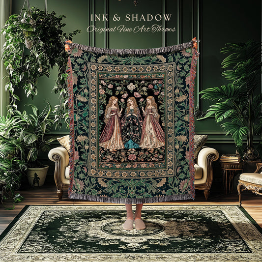 Three Maidens Whimsical Garden Folklore Tapestry Throw Romantic Botanical Cottagecore, Vintage Victorian Floral Fairytale Woven Wall Artwork
