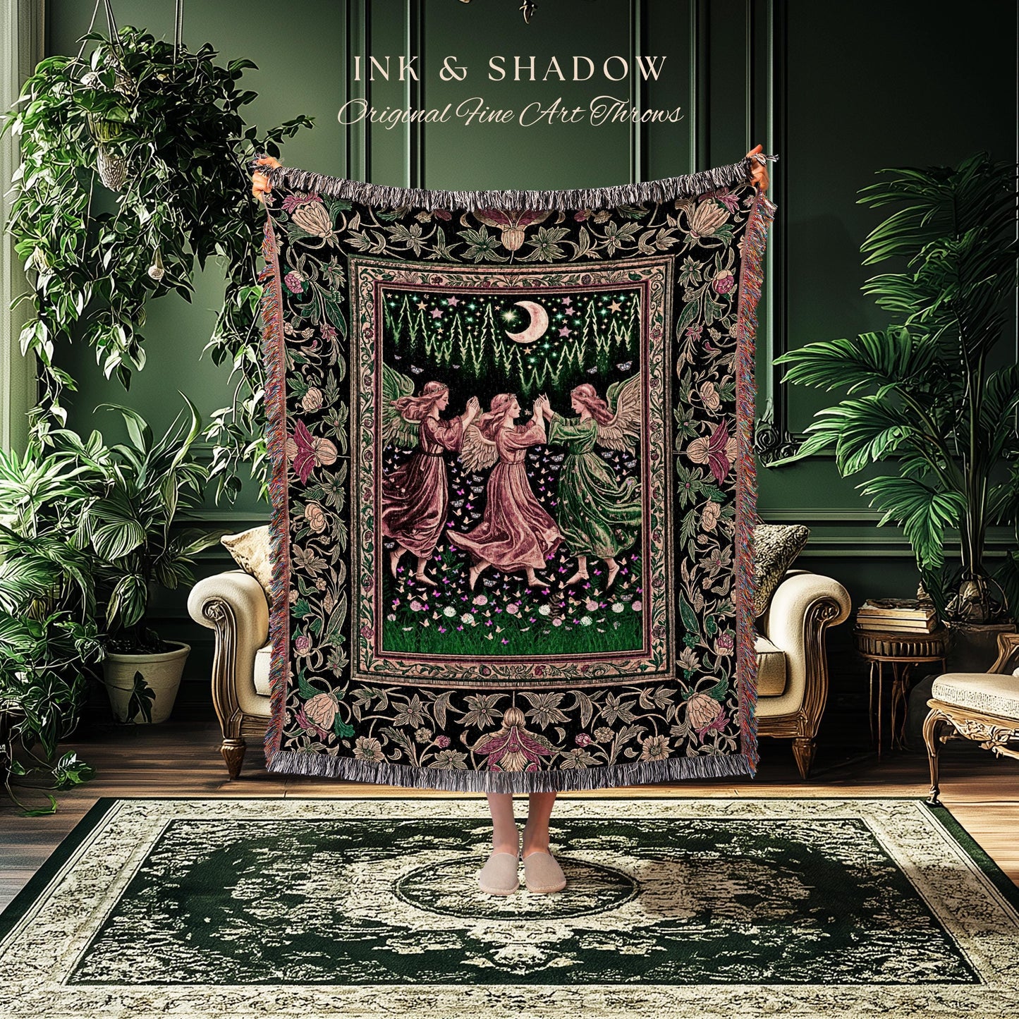 Moonlit Forest Nymph Woven Tapestry Throw Blanket | Medieval Elegance Woodland Fairycore Dark Academia Midsummer Celestial Folklore Wall Art