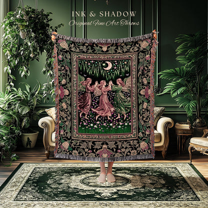 Moonlit Forest Nymph Woven Tapestry Throw Blanket | Medieval Elegance Woodland Fairycore Dark Academia Midsummer Celestial Folklore Wall Art