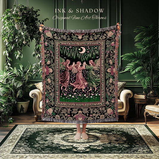 Moonlit Forest Nymph Woven Tapestry Throw Blanket | Medieval Elegance Woodland Fairycore Dark Academia Midsummer Celestial Folklore Wall Art