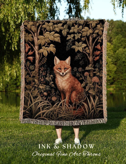 Nature Blanket Woven Fox Tapestry | Woodland Folk Art Blanket Woven Tapestry William Morris Style Woodland Gothic Decor Dark Cottagecore Fox