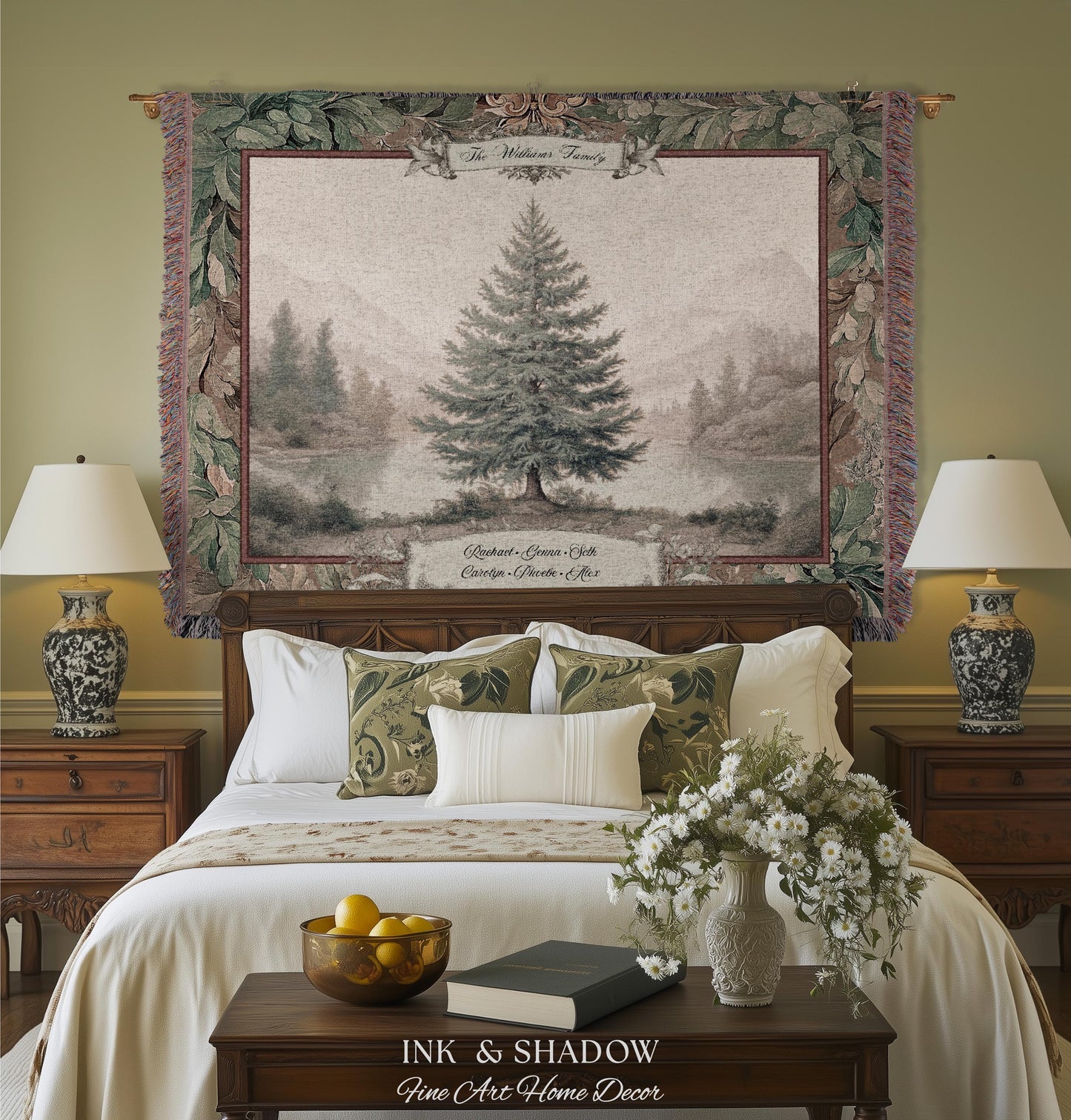 Evergreen Family Tree Rustic Wall Art Personalized Names Holiday Gift | Sentimental Custom Woven Tapestry Traditional Heirloom Home Decor