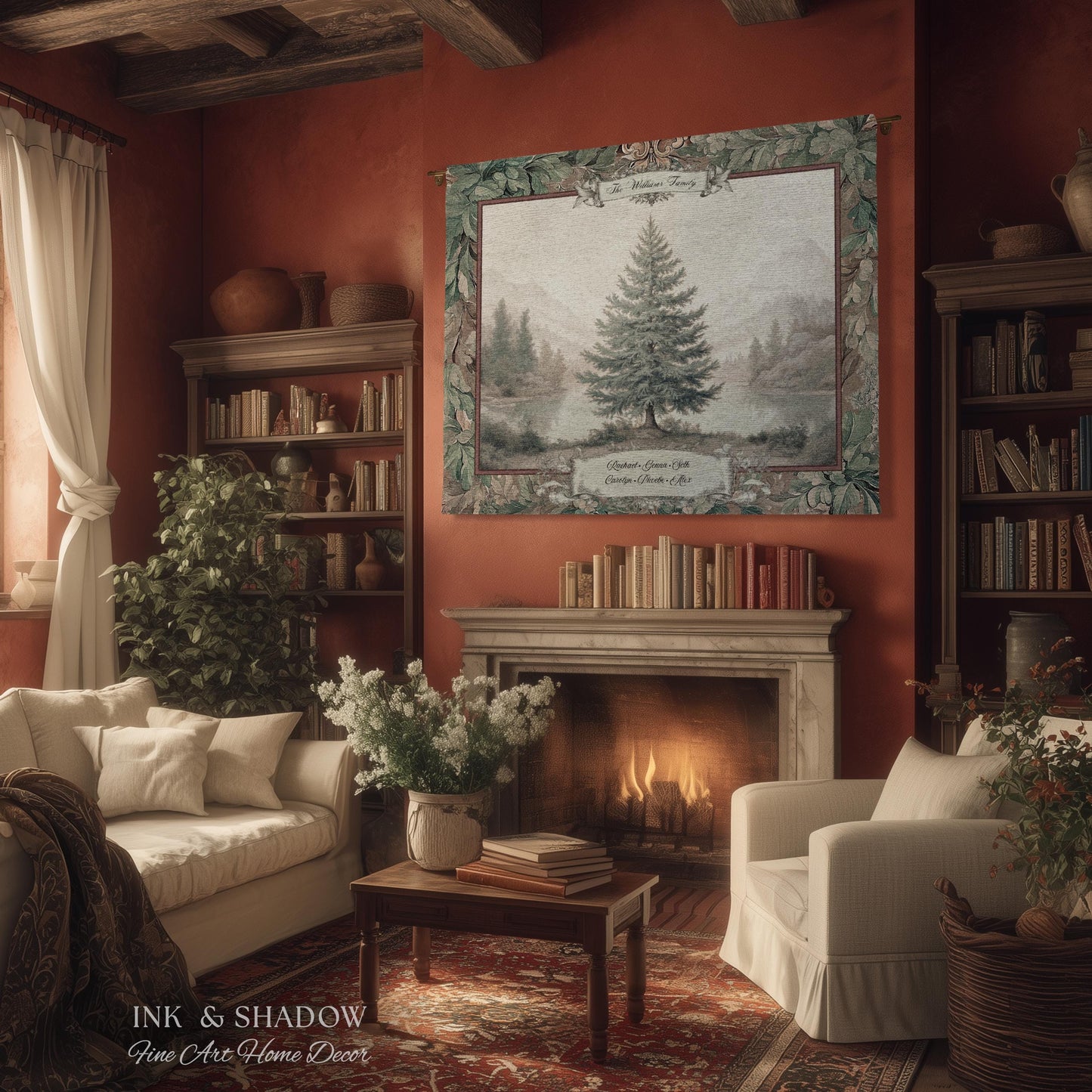 Evergreen Family Tree Rustic Wall Art Personalized Names Holiday Gift | Sentimental Custom Woven Tapestry Traditional Heirloom Home Decor