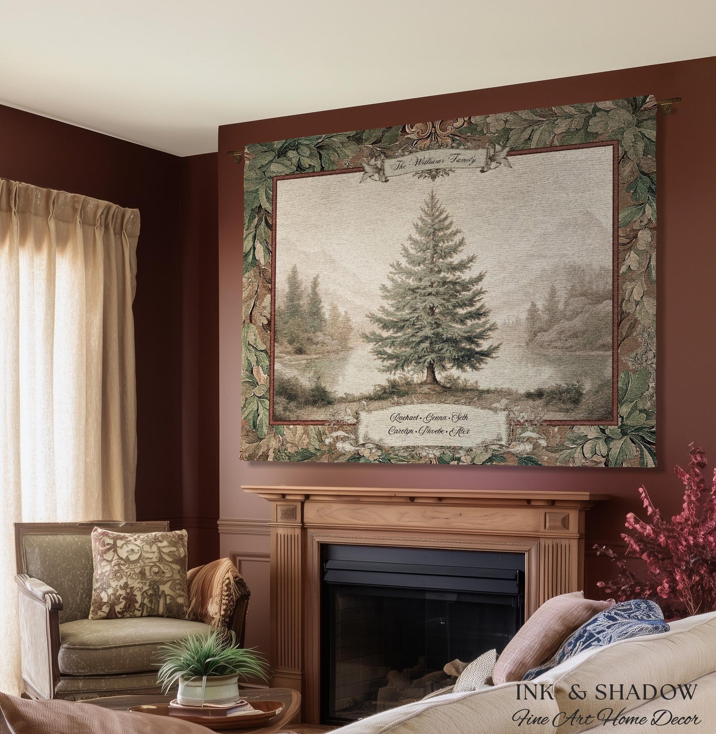 Evergreen Family Tree Rustic Wall Art Personalized Names Holiday Gift | Sentimental Custom Woven Tapestry Traditional Heirloom Home Decor