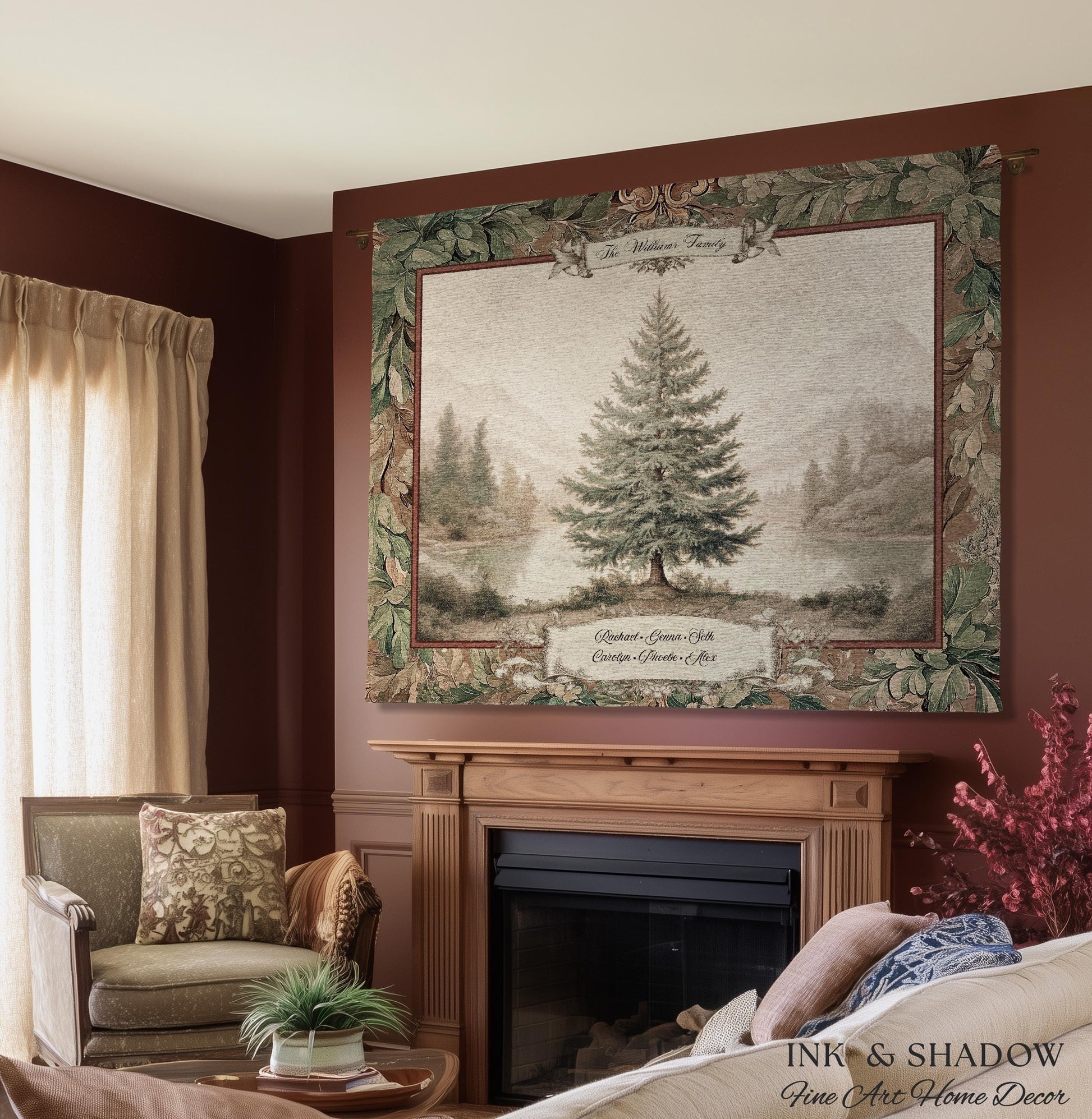Evergreen Family Tree Rustic Wall Art Personalized Names Holiday Gift | Sentimental Custom Woven Tapestry Traditional Heirloom Home Decor