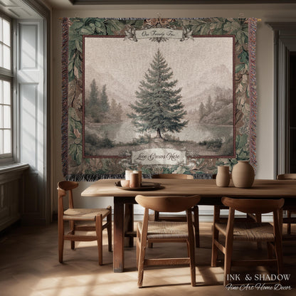 Evergreen Family Tree Rustic Wall Art Personalized Names Holiday Gift | Sentimental Custom Woven Tapestry Traditional Heirloom Home Decor