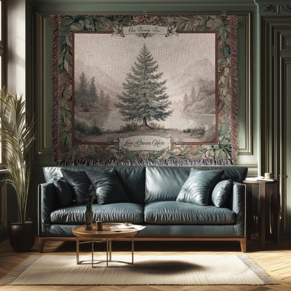 Evergreen Family Tree Rustic Wall Art Personalized Names Holiday Gift | Sentimental Custom Woven Tapestry Traditional Heirloom Home Decor