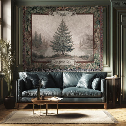 Evergreen Family Tree Rustic Wall Art Personalized Names Holiday Gift | Sentimental Custom Woven Tapestry Traditional Heirloom Home Decor