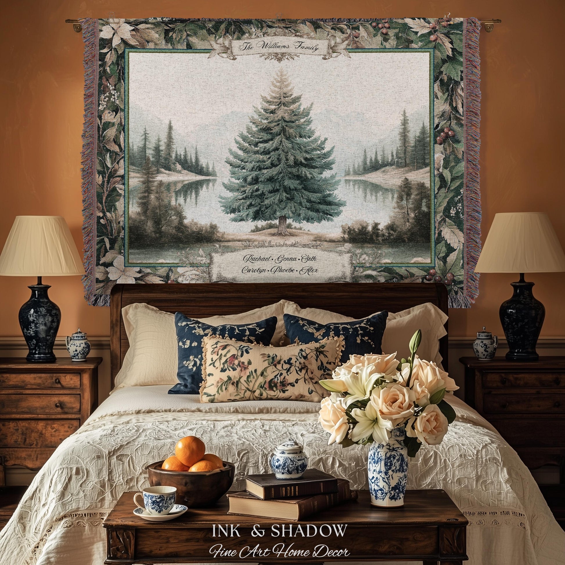Classic Winter Landscape Custom Family Name Tapestry | Nostalgic Christmas Cozy Woven Throw Blanket Personalized Holiday Heirloom Wall Art
