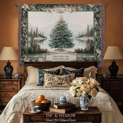 Classic Winter Landscape Custom Family Name Tapestry | Nostalgic Christmas Cozy Woven Throw Blanket Personalized Holiday Heirloom Wall Art