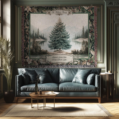 Classic Winter Landscape Custom Family Name Tapestry | Nostalgic Christmas Cozy Woven Throw Blanket Personalized Holiday Heirloom Wall Art