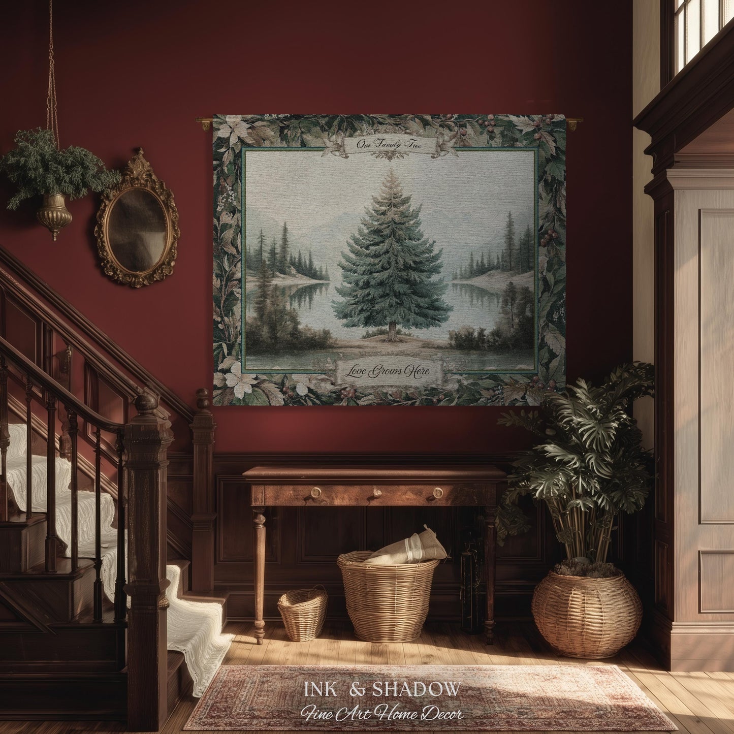 Classic Winter Landscape Custom Family Name Tapestry | Nostalgic Christmas Cozy Woven Throw Blanket Personalized Holiday Heirloom Wall Art