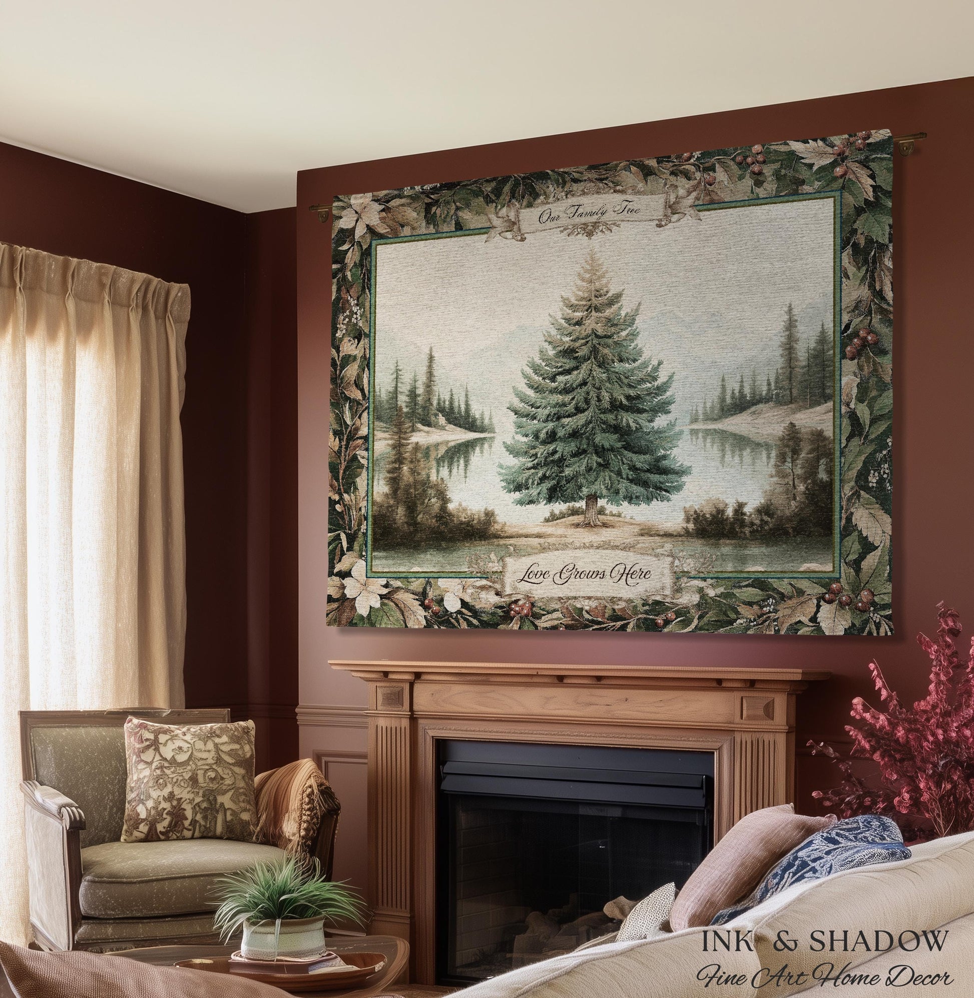 Classic Winter Landscape Custom Family Name Tapestry | Nostalgic Christmas Cozy Woven Throw Blanket Personalized Holiday Heirloom Wall Art