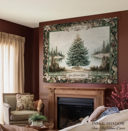 Classic Winter Landscape Custom Family Name Tapestry | Nostalgic Christmas Cozy Woven Throw Blanket Personalized Holiday Heirloom Wall Art