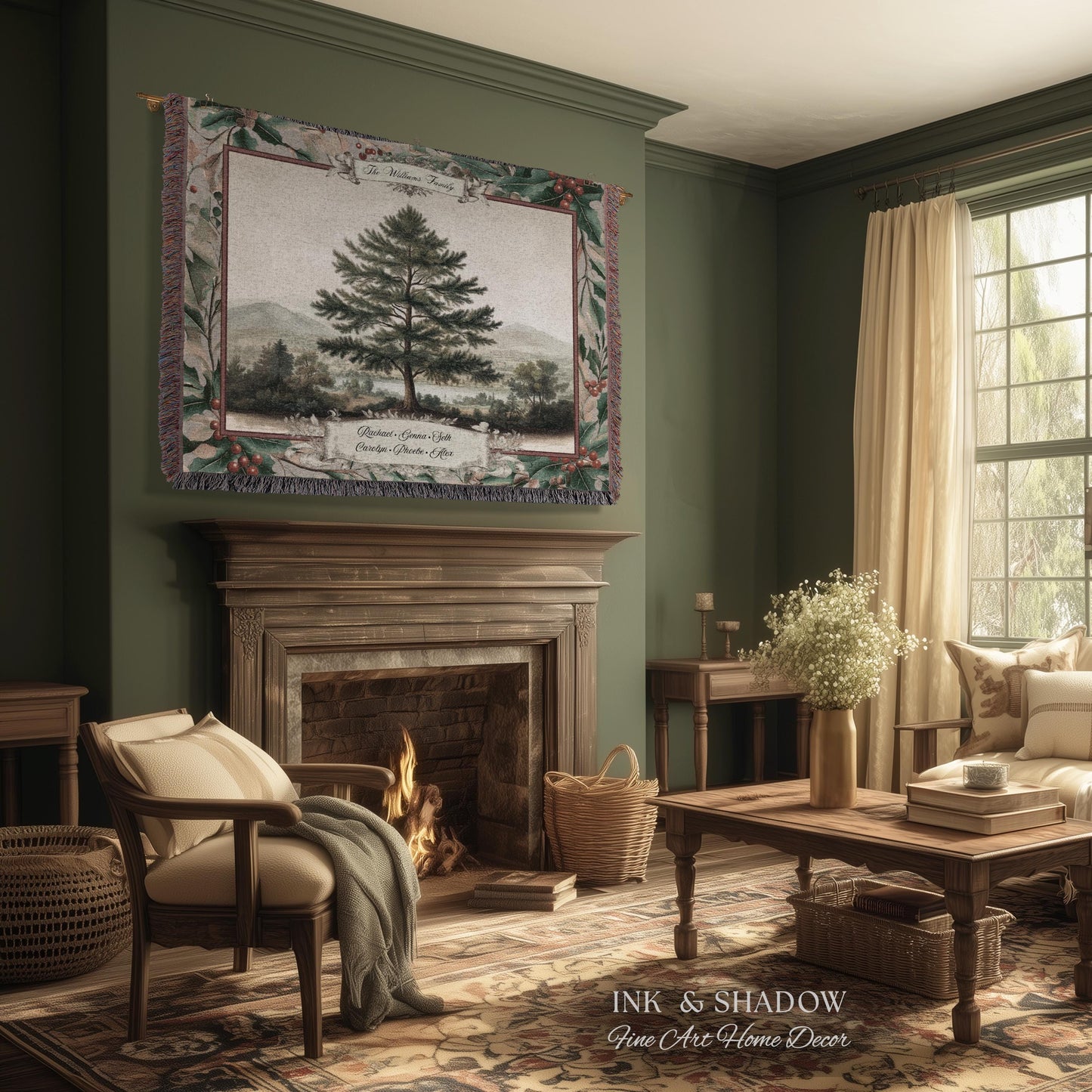 Nostalgic Family Heirloom Personalized Pine Tree Tapestry | Meaningful Keepsake Old World Jacquard Throw Blanket Custom Names Wall Hanging