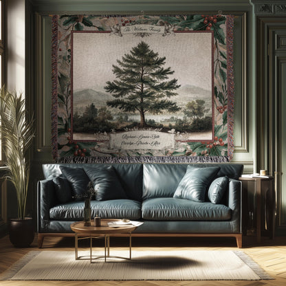 Nostalgic Family Heirloom Personalized Pine Tree Tapestry | Meaningful Keepsake Old World Jacquard Throw Blanket Custom Names Wall Hanging