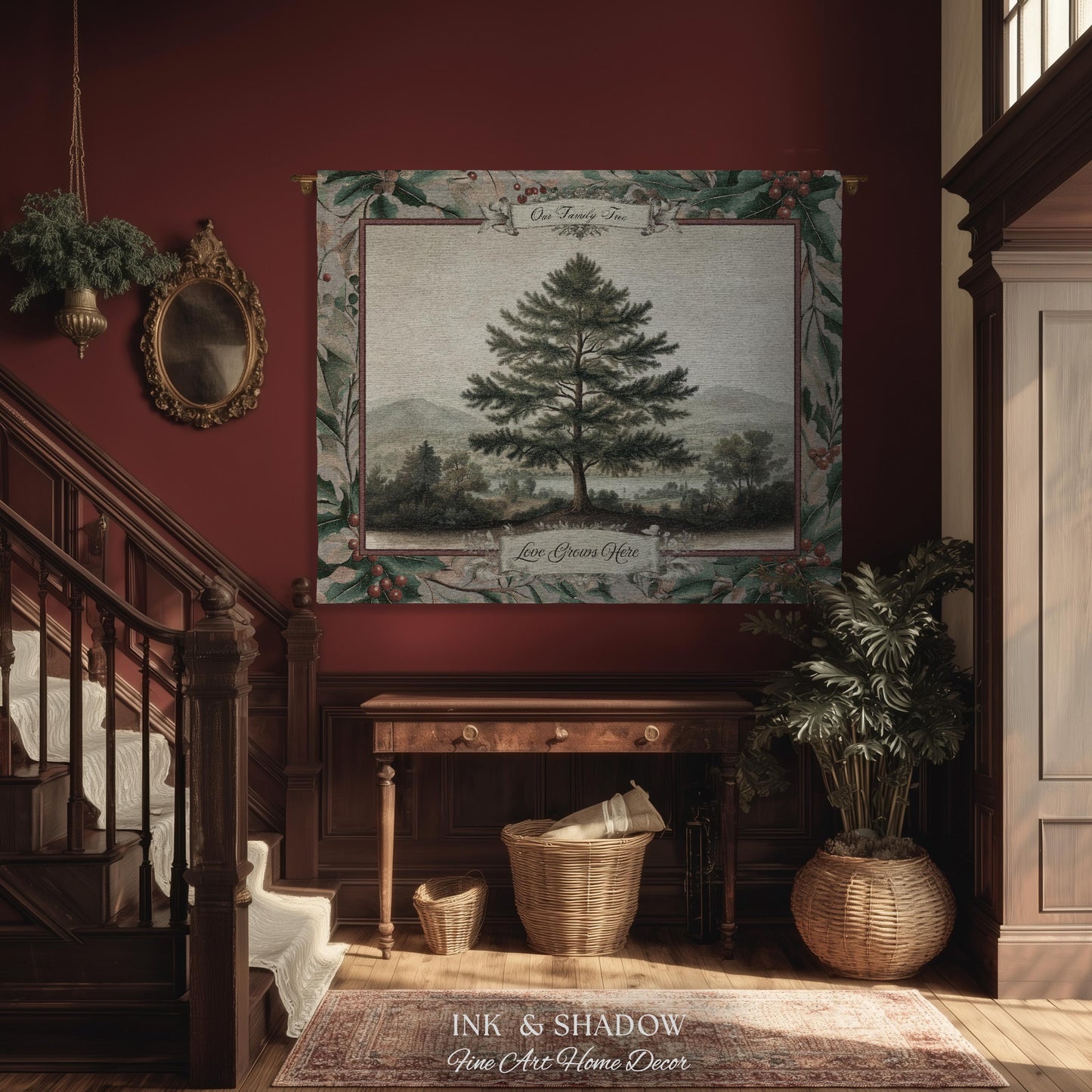Nostalgic Family Heirloom Personalized Pine Tree Tapestry | Meaningful Keepsake Old World Jacquard Throw Blanket Custom Names Wall Hanging